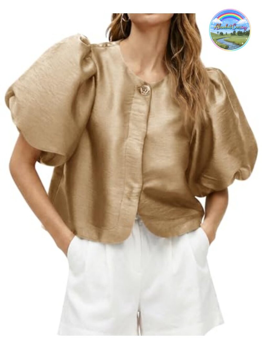 Silk Satin Puff Sleeve Button Down Blouse Dressy Office Top